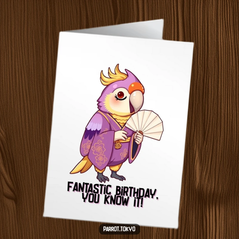 Funny Free Printable Birthday Card: Proud parrot in a purple and gold kimono with a paper fan.