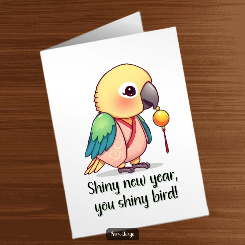 Funny Free Printable Birthday Card: A curious parrot in a silk kimono pecks at a shiny bead on a birthday card.