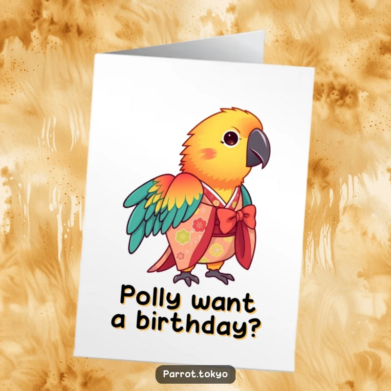 Free printable birthday card featuring a vibrant parrot in a patterned kimono gracefully bowing.
