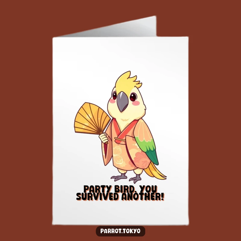 Free Printable Birthday Card: Cheerful Parrot in Kimono Holding Fan - Funny Downloadable Greeting