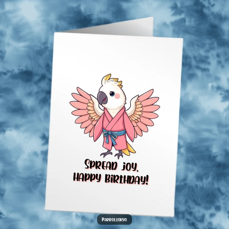 Funny Free Printable Birthday Card: Cheerful parrot in a pink kimono spreading its wings.