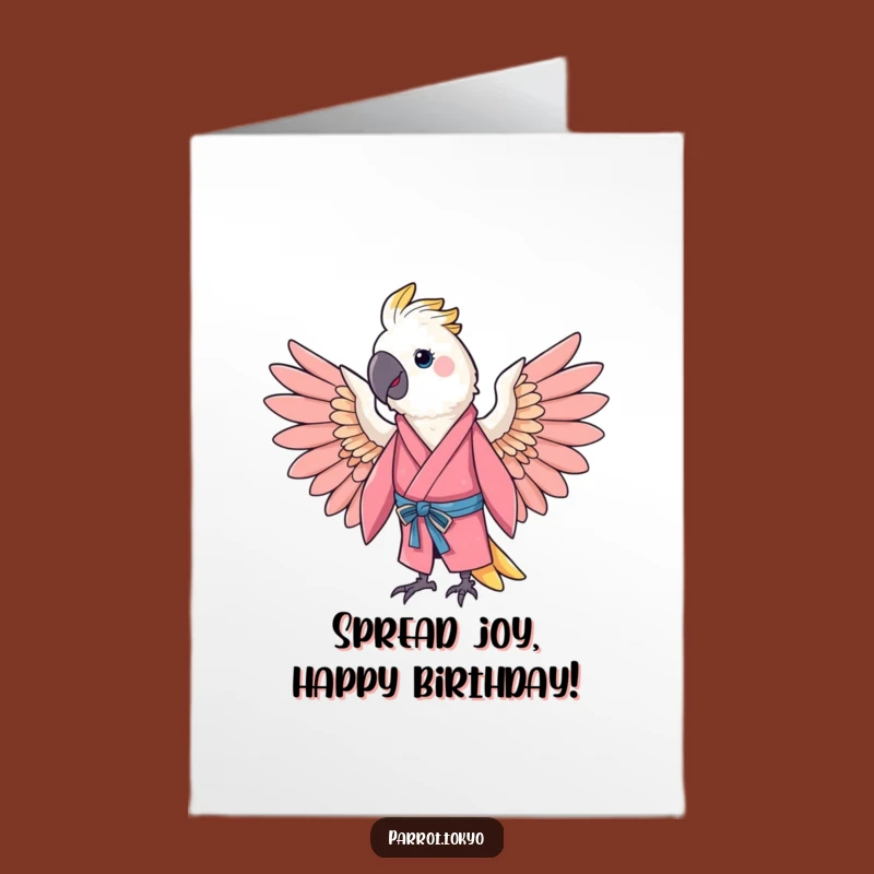 Free Printable Funny Birthday Card: Cheerful Parrot in Pink Kimono