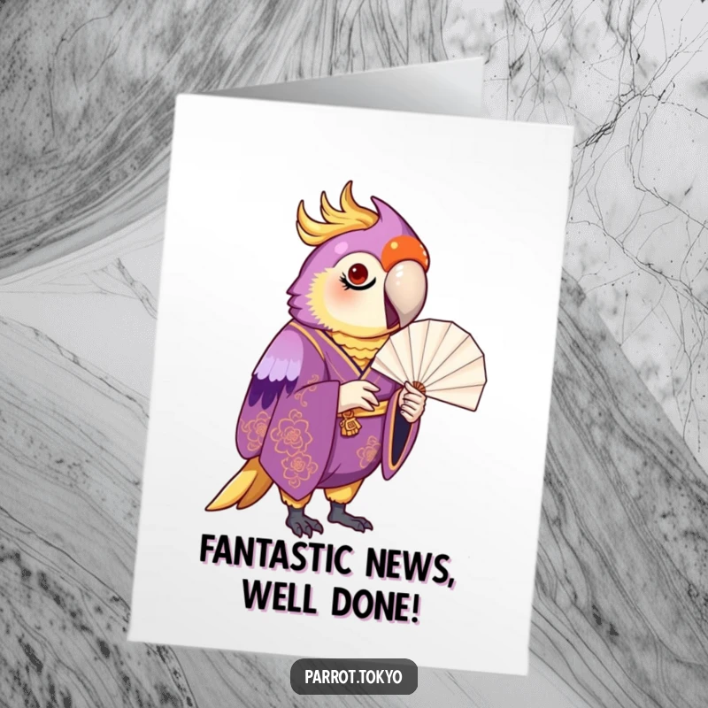 Funny Free Printable Congratulations Card: Proud parrot in a purple and gold kimono inspecting a fan.