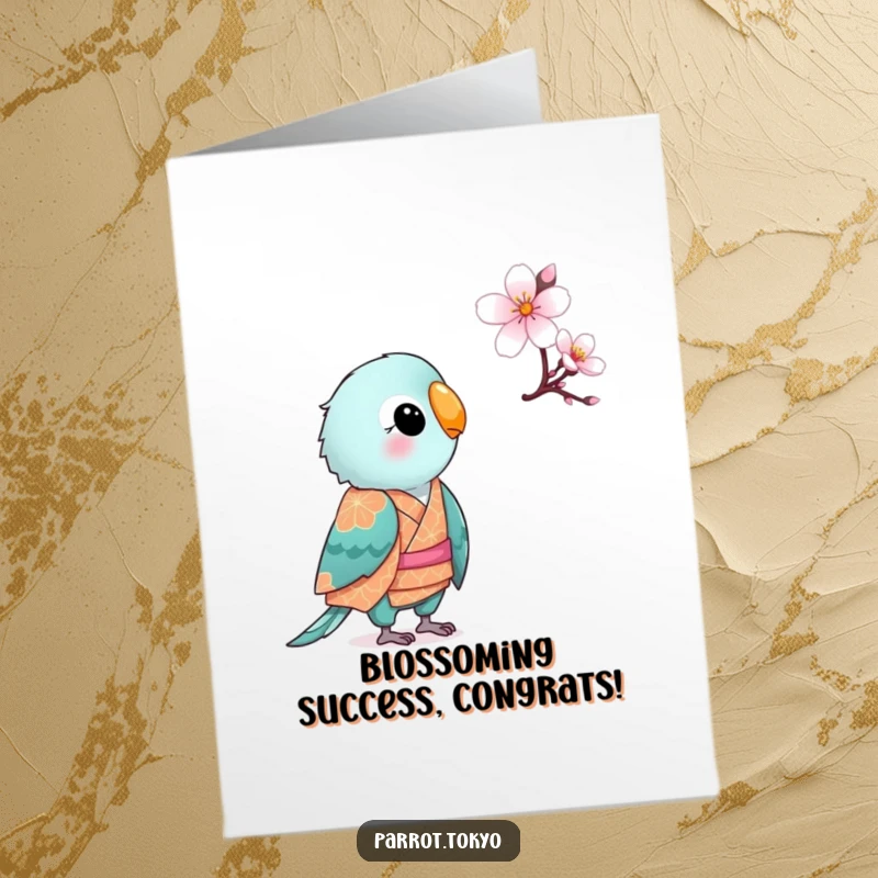 Funny Free Printable Congratulations Card: Small parrot in a patterned kimono observing a cherry blossom.