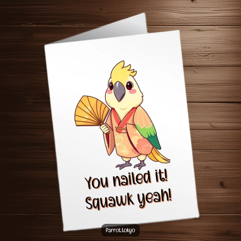 Funny Free Printable Congratulations Card: A cheerful parrot in a festive kimono holds a fan, celebrating a special occasion.