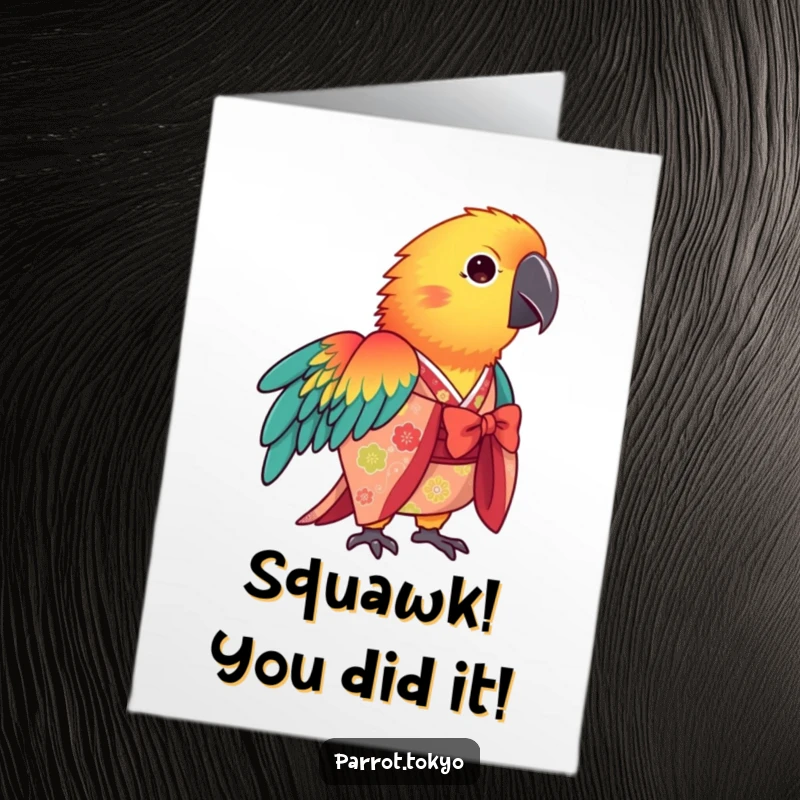 Free printable congrats card with a vibrant parrot in a kimono making a graceful bow.