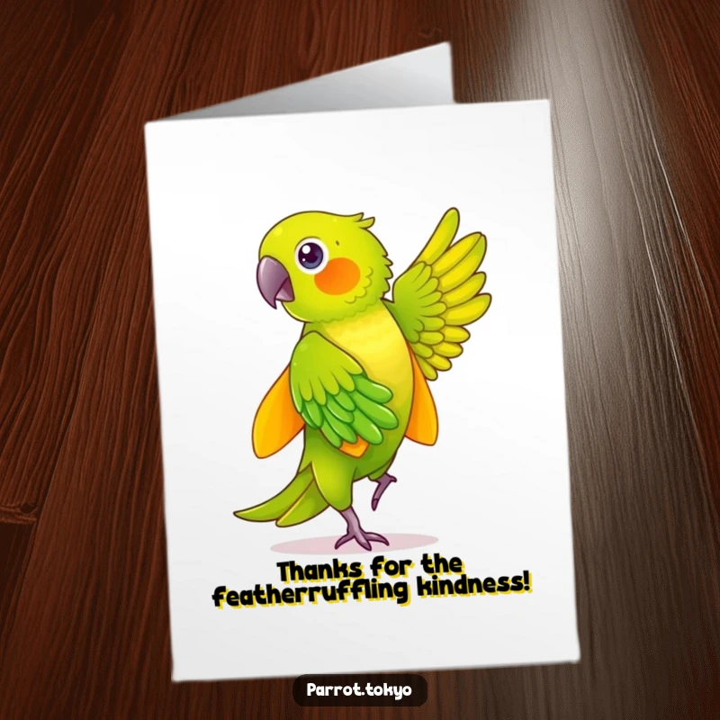 Funny Free Printable Thank You Card: Green parrot in a yellow kimono dancing gracefully.