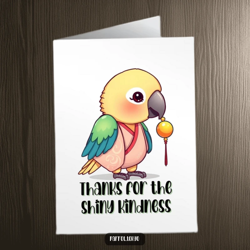Funny Free Printable Thank You Card: A curious parrot in a silk kimono pecks at a shiny bead, saying thank you.