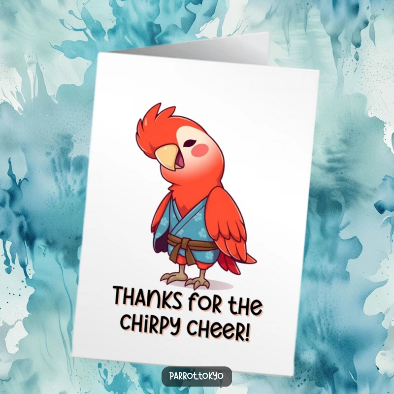 Funny Free Printable Thank You Card: Red parrot in a blue kimono tilting its head curiously.
