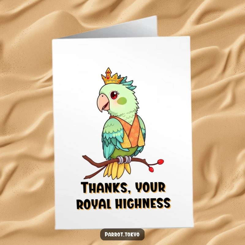 Funny Free Printable Thank You Card: A regal parrot in an ornate kimono perches elegantly, expressing sophisticated thanks.