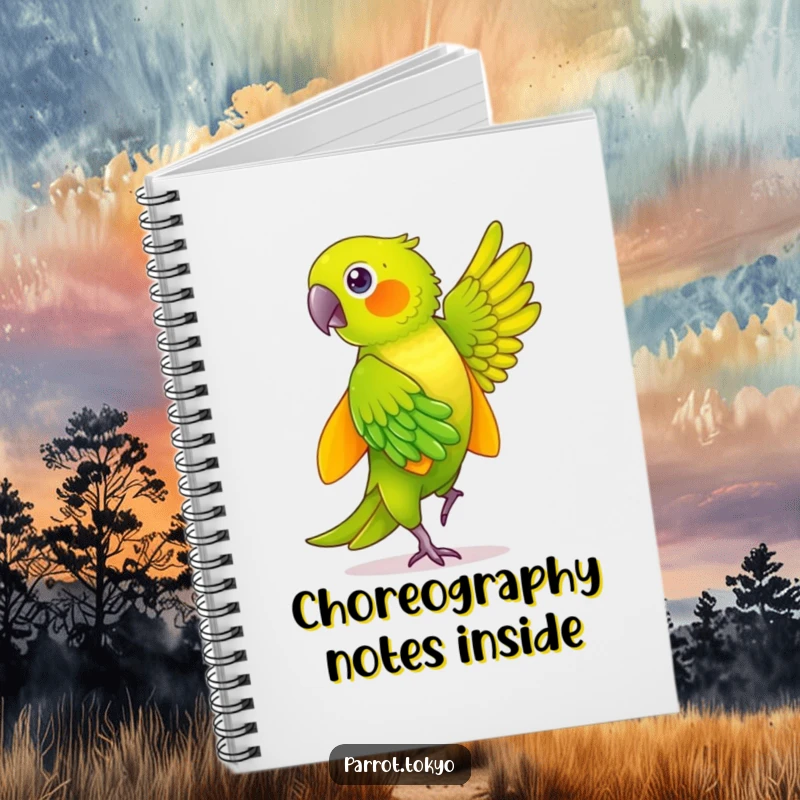 Funny green parrot in a yellow kimono, gracefully dancing with shimmering feathers, adorning a humorous notebook for writers.
