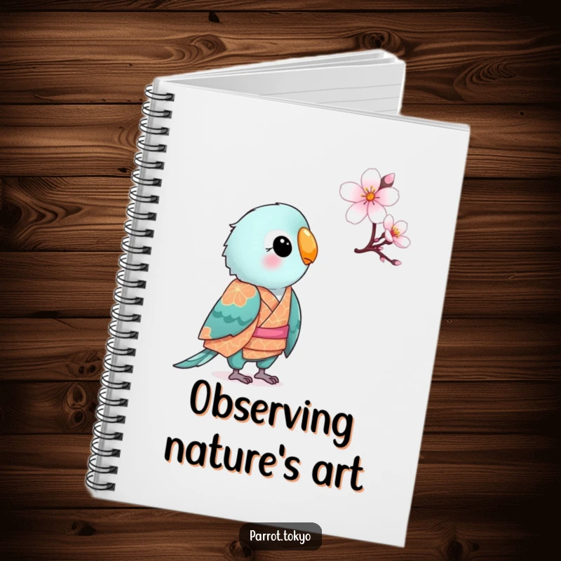 Funny small parrot in a patterned kimono, looking curiously at a cherry blossom, featured on a funny and charming notebook.