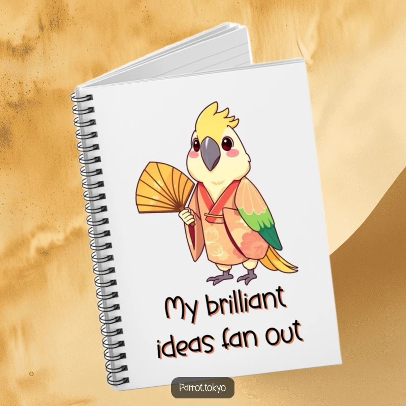 Funny notebook with a cheerful parrot in a festive kimono, holding a fan, ideal for jotting down notes with a smile.