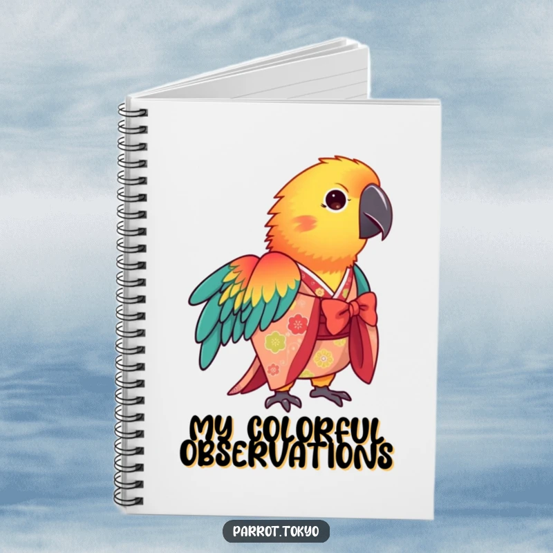 Funny vibrant parrot in a patterned kimono, bowing gracefully on this colorful, humorous notebook cover.