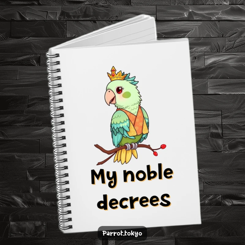 Funny notebook featuring a regal parrot in an ornate kimono, perched elegantly. Ideal for refined note-taking.