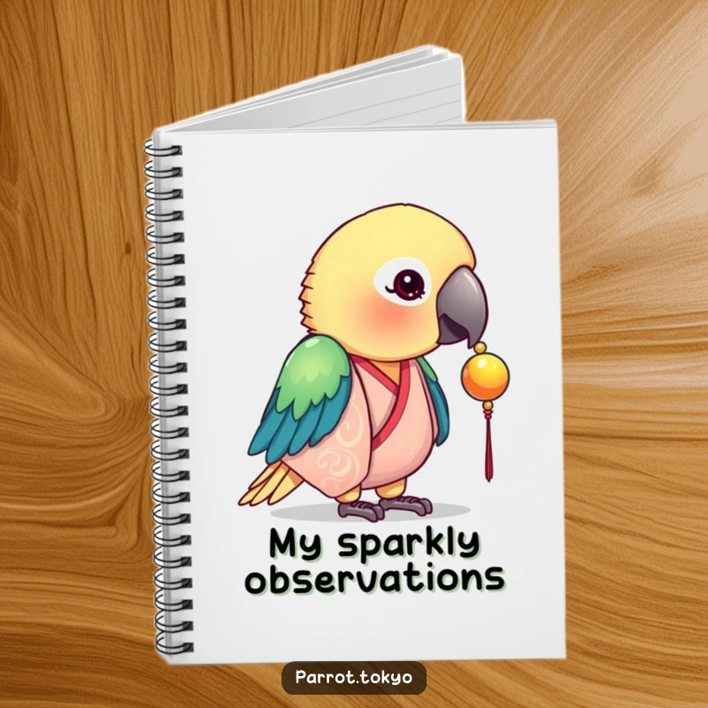 Funny notebook featuring a curious parrot in a silk kimono, pecking at a shiny bead. Ideal for notes and sketches.
