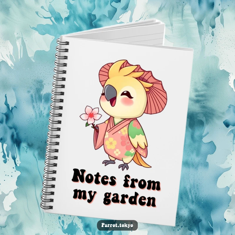 Funny notebook with a delighted parrot in a floral kimono offering a tiny blossom. Ideal for journaling and sketching.