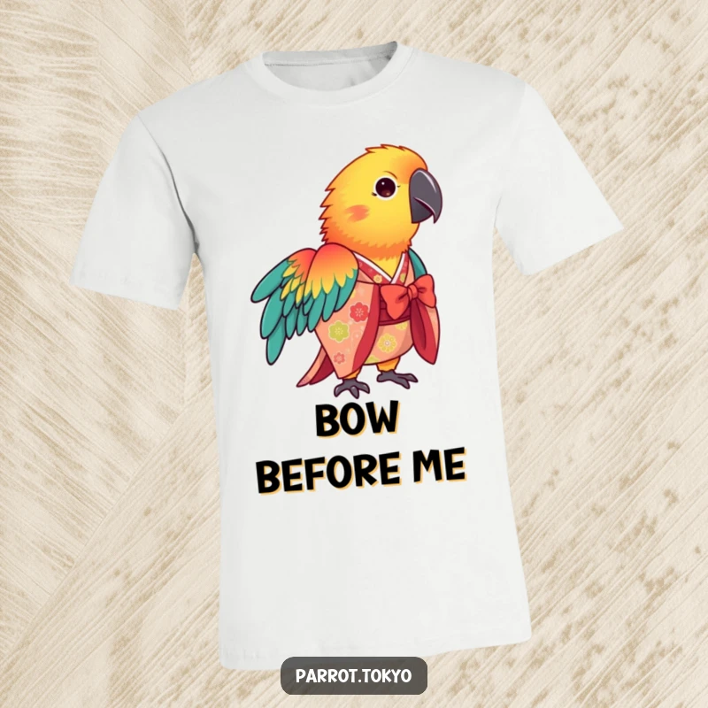 Funny vibrant parrot in a patterned kimono, performing a graceful bow on this colorful, humorous t-shirt.