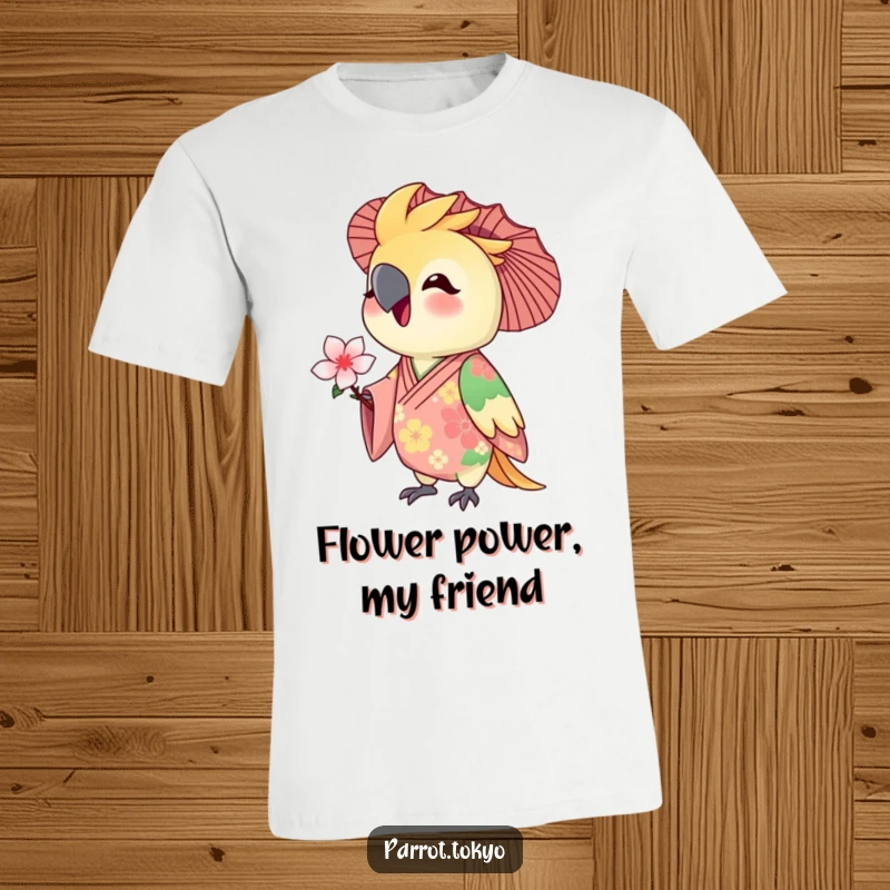 Funny t-shirt depicting a delighted parrot in a floral kimono, extending a tiny blossom. Elegant and humorous bird art.