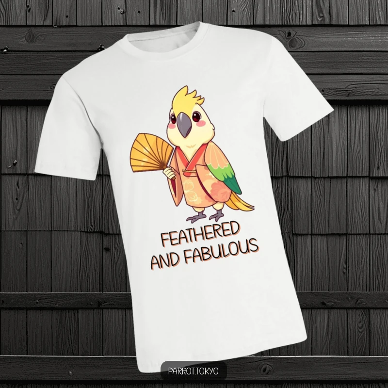 Funny t-shirt with a cheerful parrot in a festive kimono holding a fan, exuding joy and vibrant energy. Great for bird enthusiasts.