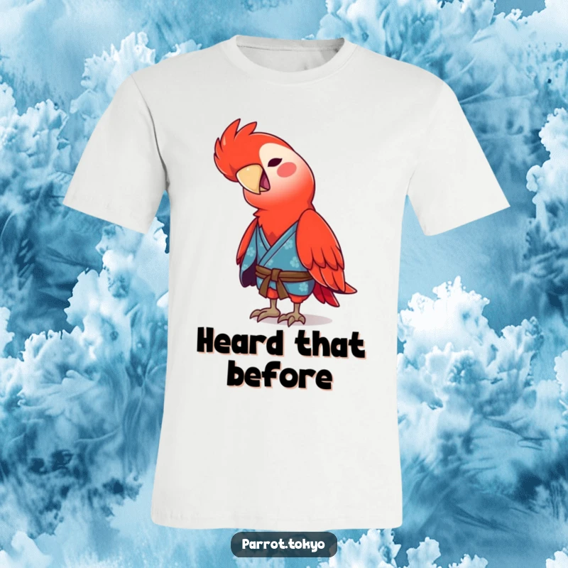 Funny red parrot in a traditional blue kimono, tilting its head with a playful chirp, featured on a funny t-shirt.