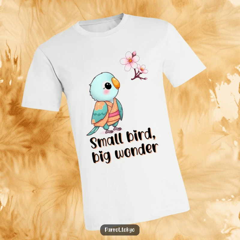 Funny small parrot wearing a patterned kimono, looking curiously at a single blooming cherry blossom, on a funny t-shirt.