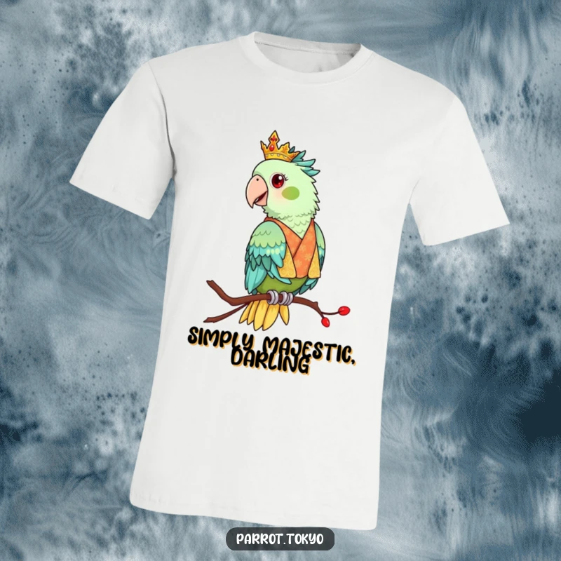 Funny t-shirt depicting a regal parrot in an ornate kimono, perched elegantly. Sophisticated and humorous bird fashion.