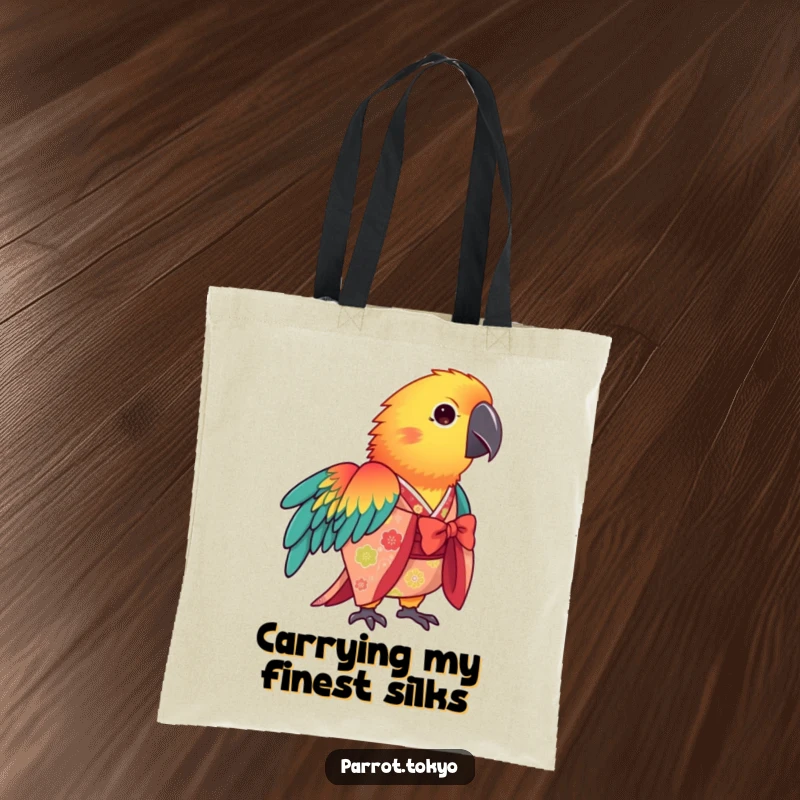 Funny vibrant parrot in a patterned kimono, bowing gracefully on this colorful, humorous tote bag.
