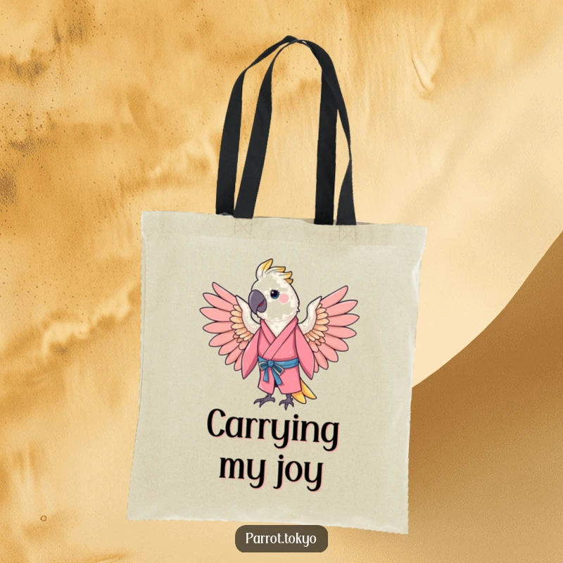 Funny cheerful parrot in a pink kimono, spreading its wings in a gentle arc, on a vibrant and humorous tote bag.