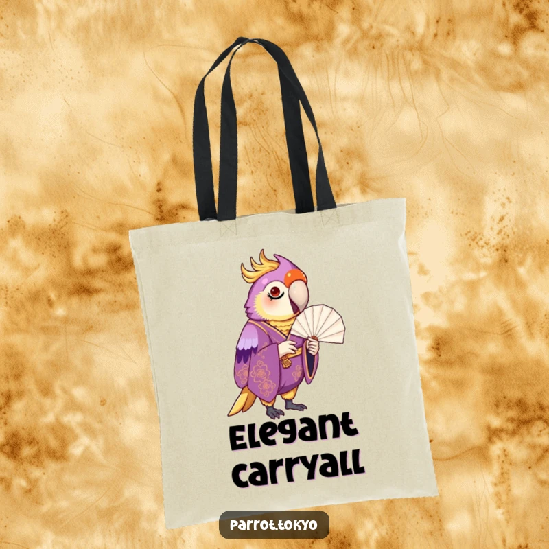 Funny proud parrot in a purple and gold kimono, inspecting a paper fan, on a chic and humorous tote bag.