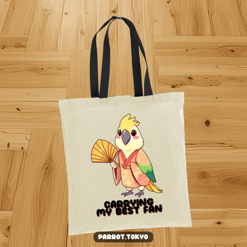 Funny tote bag showcasing a cheerful parrot in a festive kimono, artfully holding a fan. Perfect for carrying treasures with flair.
